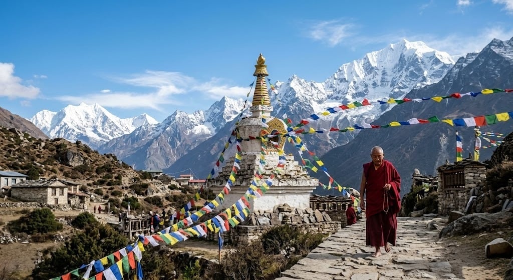 Spiritual Buddhist monk meditating in the Himalayas of Nepal
